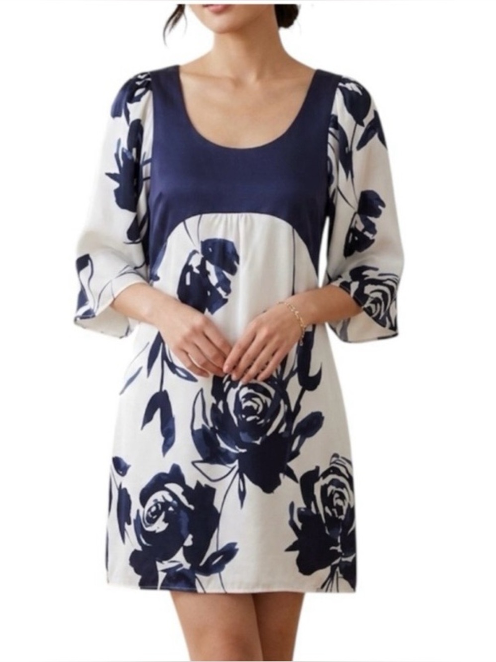 Tristan SILK Sz M Wide Sleeve Empire Waist Floral Mini Dress White Blue